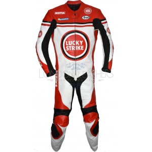 Lucky Strike Red & White Biker One Piece Leather Motorcycle Suit